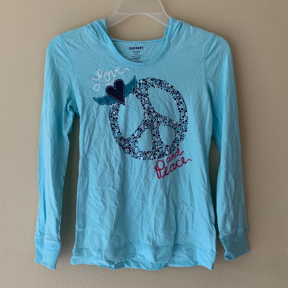 Old Navy Blue Hoodie Shirt Love Peace School 10/12